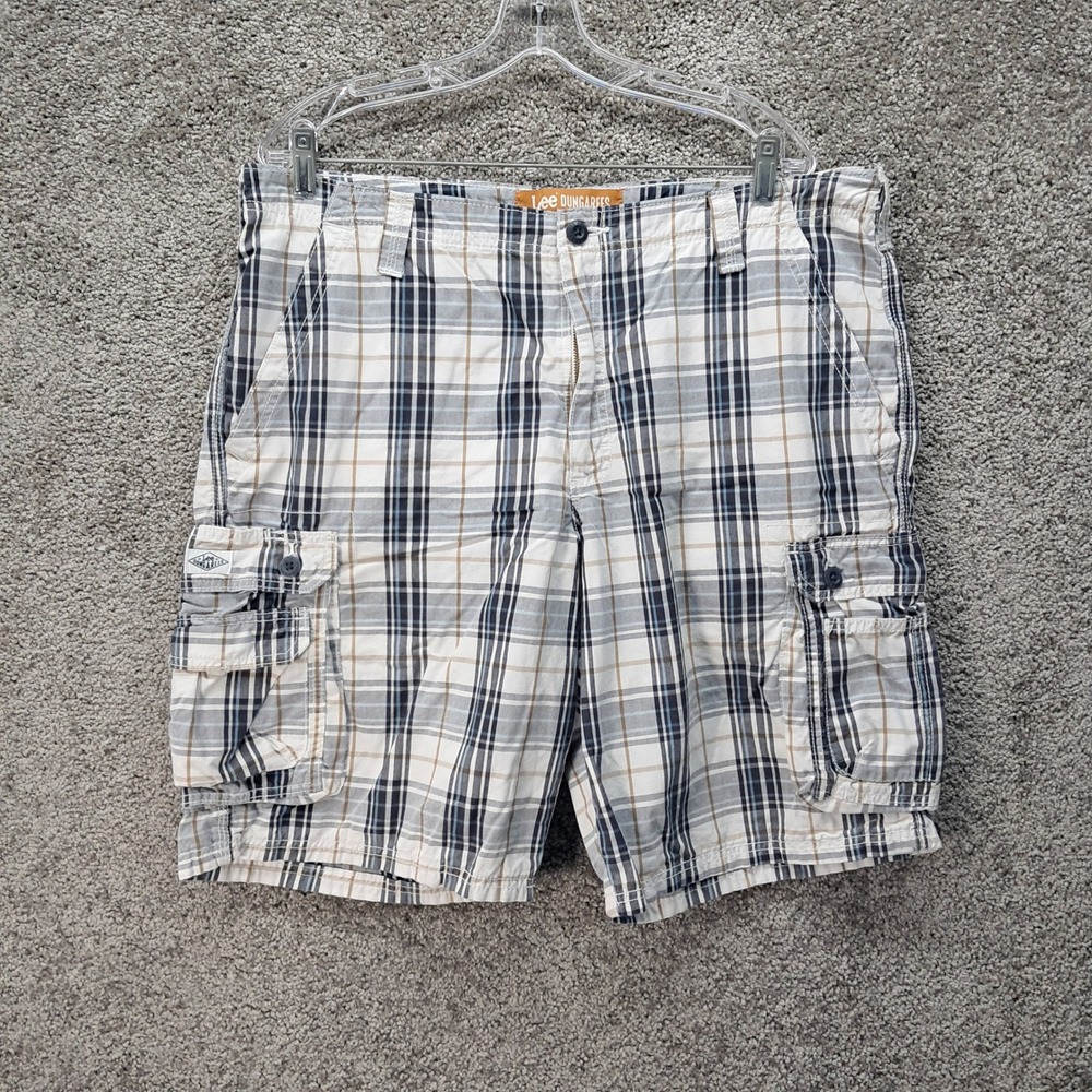 Lee Dungarees Mens Plaid Cargo Shorts Blue Tan White Cotton Size 38 2183377